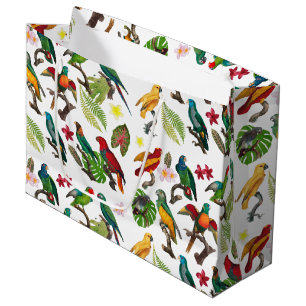 Grand Sac Cadeau Perroquets tropicaux colorés, Feuilles et fleurs