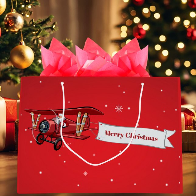 Grand Sac Cadeau Personnalisé, Avion rouge & Père Noël, Joyeux Noël (Créateur téléchargé)