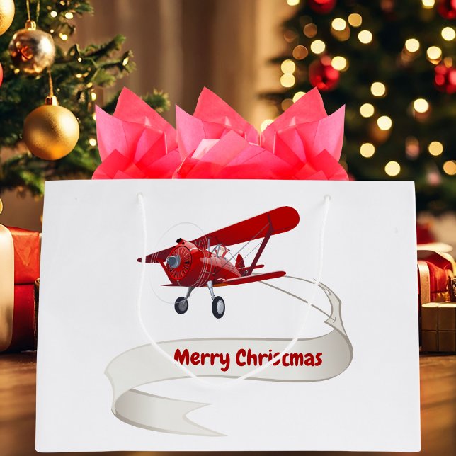Grand Sac Cadeau Personnalisé, Avion rouge & Père Noël, Joyeux Noël (Créateur téléchargé)