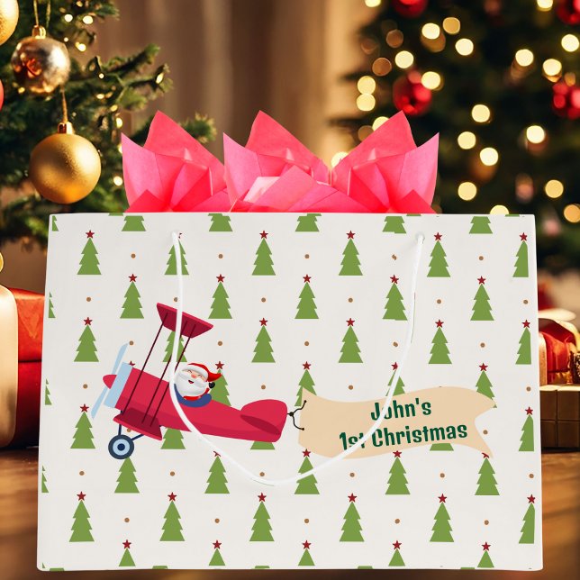 Grand Sac Cadeau Personnalisé, Avion rouge & Père Noël, Premier Noë (Créateur téléchargé)