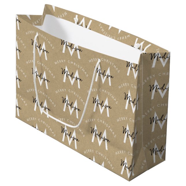 Grand Sac Cadeau Personnalisé moderne Joyeux Noël Kraft Monogramme (Devant Angle)