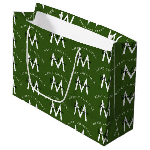 Grand Sac Cadeau Personnalisé moderne Joyeux Noël vert Monogramme