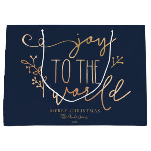 Grand Sac Cadeau Personnalisé Rustique Joyeux Noël Marine Bleu Or