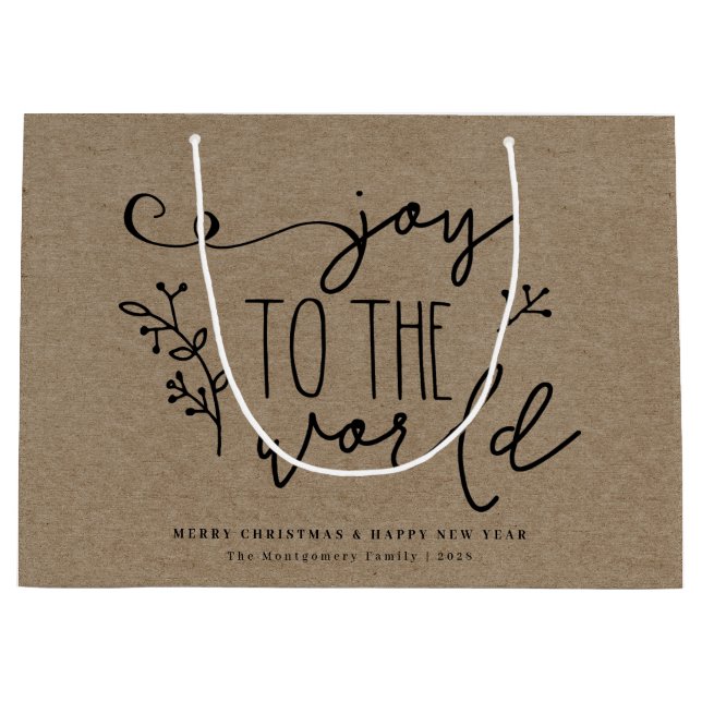Grand Sac Cadeau Personnalisé Rustique Joyeux Noël Nom Kraft (Devant)