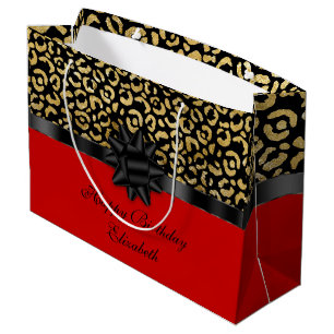 Grand Sac Cadeau Personnaliser Red Black Gold Empreinte de léopard 