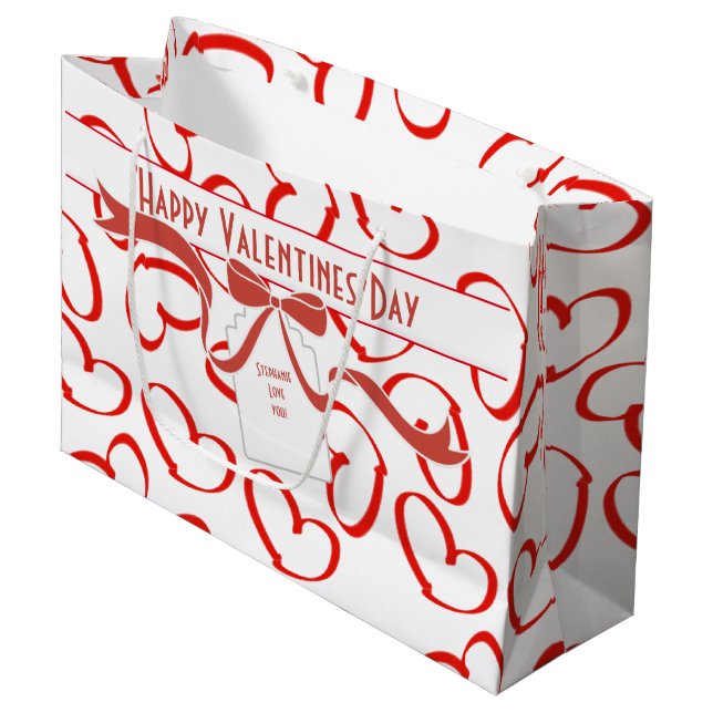 Grand Sac Cadeau Personnalisez : Coeurs de Valentines et arc (Devant Angle)