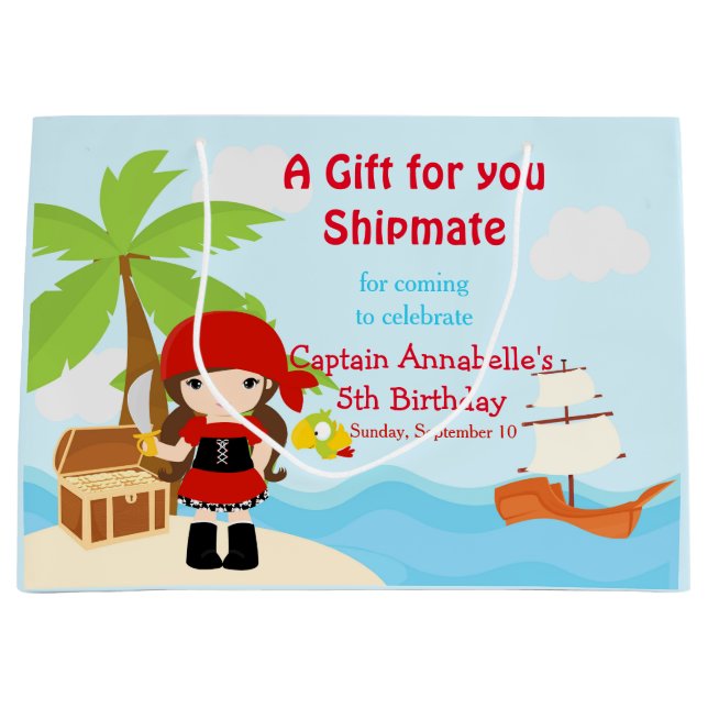Grand Sac Cadeau Petite Brunette Pirate Girl en Merci rouge (Devant)