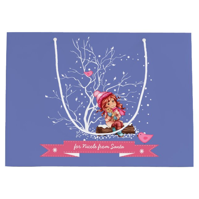 Grand Sac Cadeau Petite fille et Kitty | Nom personnalisé Noël (Devant)