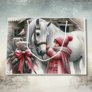 Grand Sac Cadeau Petite fille et son cheval Noël rustique