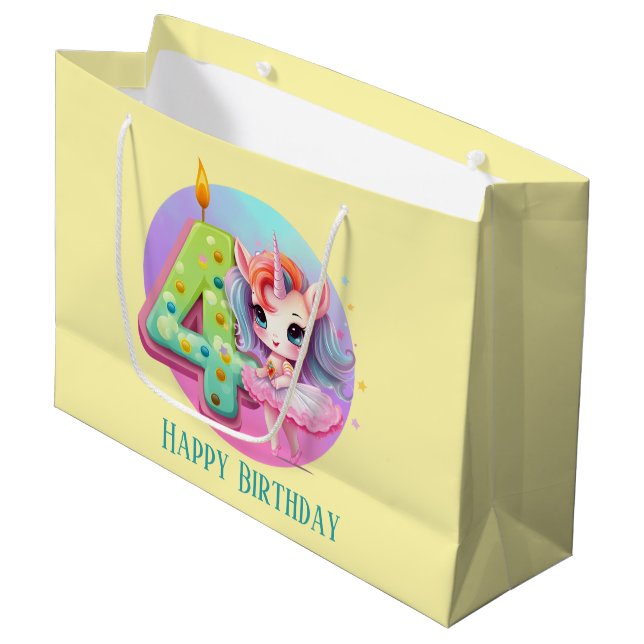 Grand Sac Cadeau Petite fille fille unicorn 4e anniversaire (Devant Angle)
