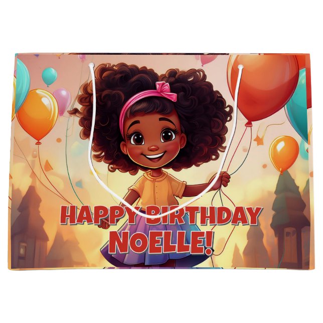 Grand Sac Cadeau Petite fille noire Fête d'anniversaire Ballons (Devant)