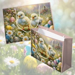 Grand Sac Cadeau Petits poussins dans la prairie avec oeufs de Pâqu