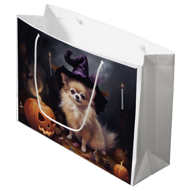 Grand Sac Cadeau Peur d'Halloween Citrouille de Poméranie (Devant Angle)