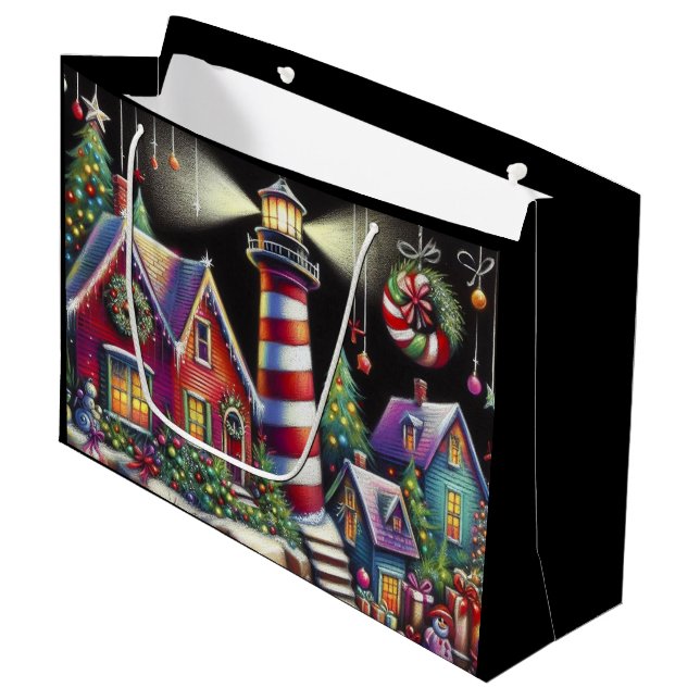 Grand Sac Cadeau Phare de Noël Whimsical Rouge rose violet (Devant Angle)