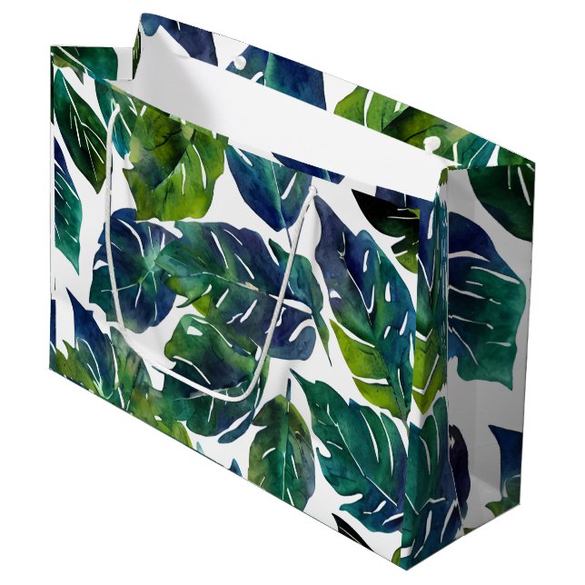 Grand Sac Cadeau Philodendron vert et bleu du feuillage Botanique (Devant Angle)