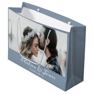 Grand Sac Cadeau Photo Elegant Dusty Blue White Calligraphie Nom