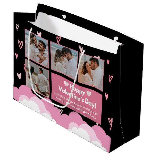 Grand Sac Cadeau Photo en couple | La Saint Valentin moderne Noir (Devant Angle)