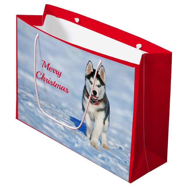 Grand Sac Cadeau Photo Husky Puppy Neige Noël (Devant Angle)