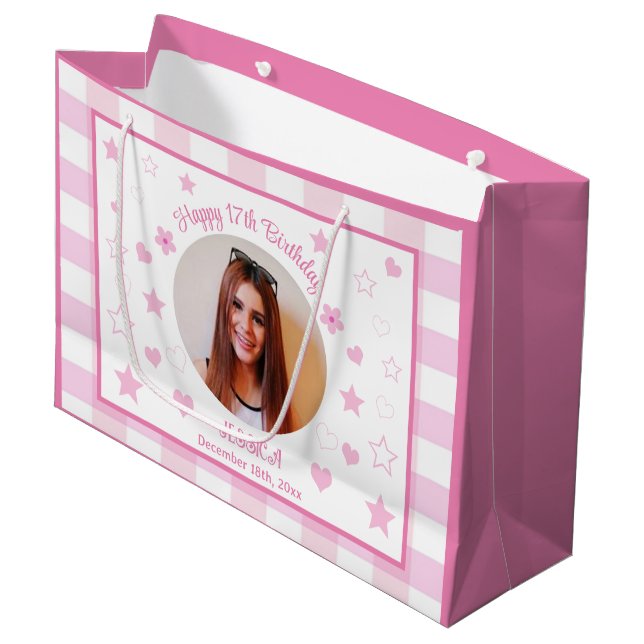 Grand Sac Cadeau Photo personnalisée Joyeux 17e anniversaire rose b (Devant Angle)