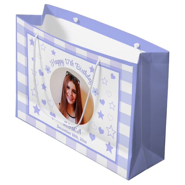 Grand Sac Cadeau Photo personnalisée Joyeux 17e anniversaire violet (Devant Angle)