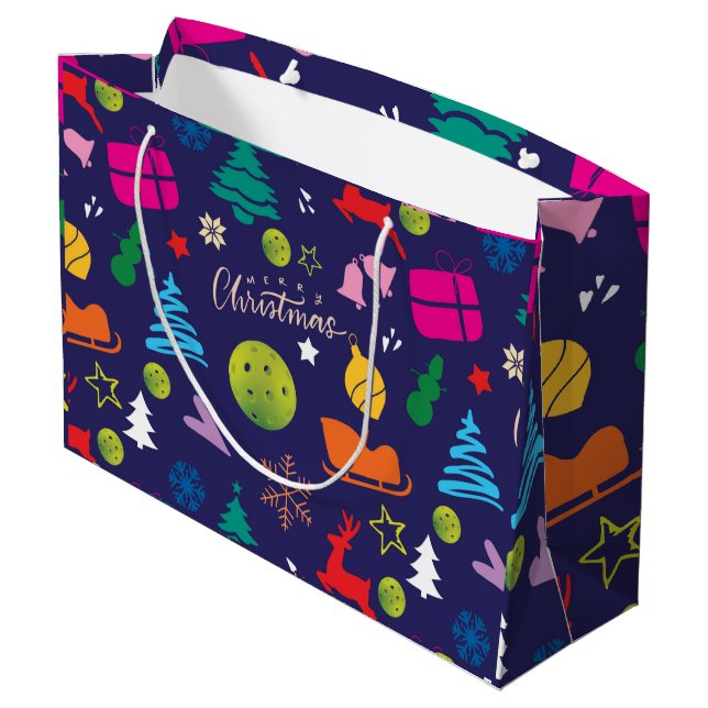 Grand Sac Cadeau Pickleball 🎄 Joyeux Noël Enveloppement bleu marin (Dos Angle)