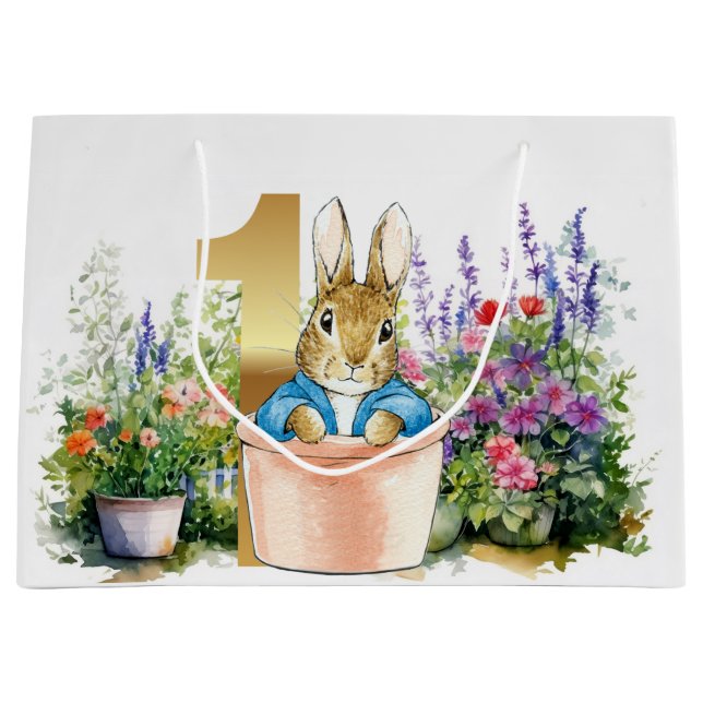 Grand Sac Cadeau Pierre le lapin dans un pot premier anniversaire (Devant)
