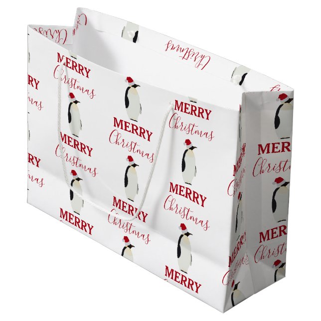 Grand Sac Cadeau Pingouin de Noël drôle animal avec chapeau de Père (Devant Angle)