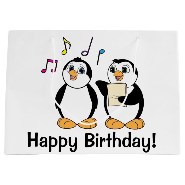 Grand Sac Cadeau Pingouins de bande dessinée chantant le joyeux (Devant)