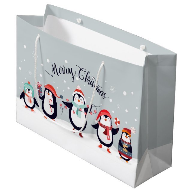 Grand Sac Cadeau Pingouins joyeux mignons (Devant Angle)