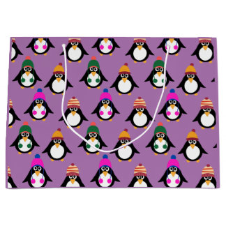 Grand Sac Cadeau Pingouins mignons avec motif casquette d'hiver