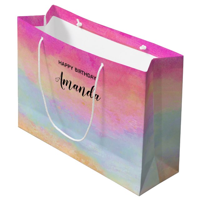 Grand Sac Cadeau Pink Blue Jaune arc-en-ciel Abstraites rayures Ann (Devant Angle)