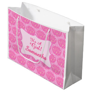 Grand Sac Cadeau Pink Damask Baby C'est un nom de fille Personnalis