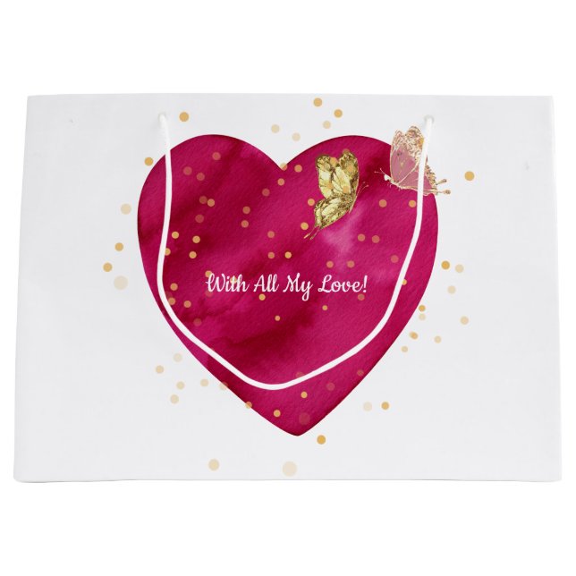 Grand Sac Cadeau Pink Heart & Gold Butterfly Valentine Wrapping (Devant)