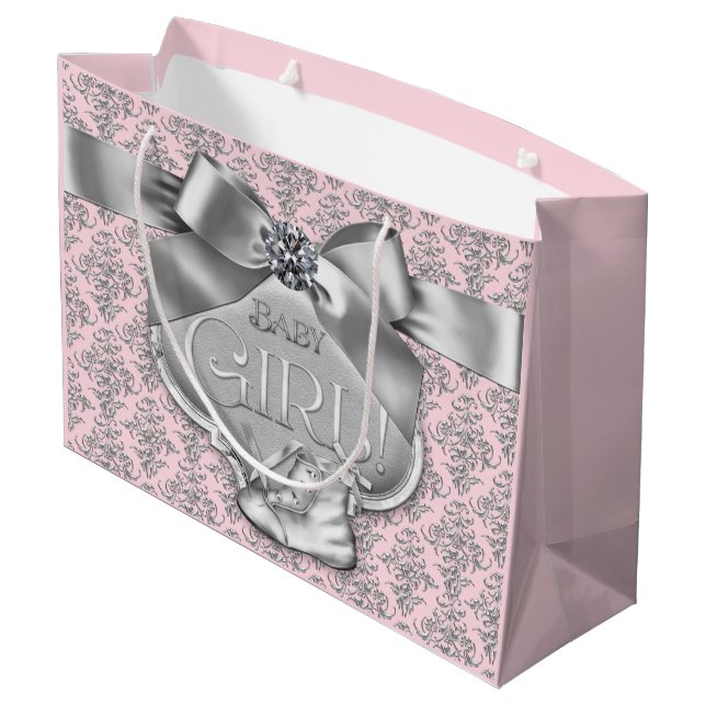 Grand Sac Cadeau Pink Silver Damask Baby Girl (Dos Angle)