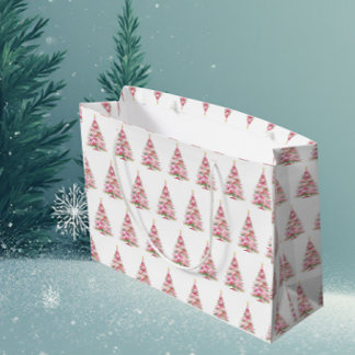 Grand Sac Cadeau Pink Watercolor Christmas Tree on White Background