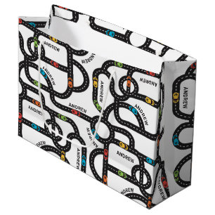 Grand Sac Cadeau Piste de course Garçons Anniversaire Blanc