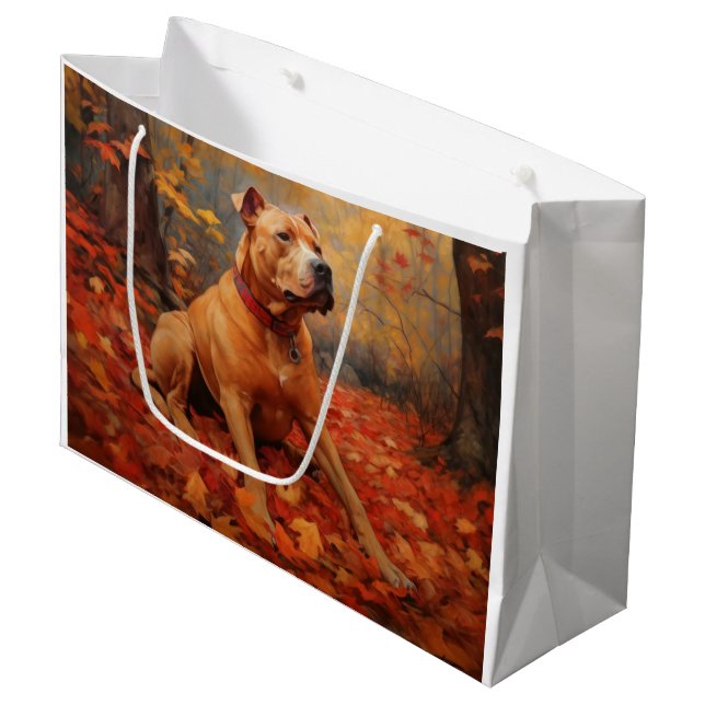 Grand Sac Cadeau Pitbull à l'automne Feuilles automne Inspiration (Devant Angle)