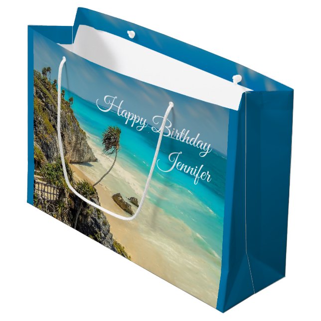 Grand Sac Cadeau Plage tropicale aux palmiers balayés par le vent A (Devant Angle)