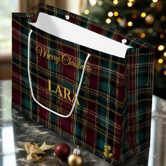 Grand Sac Cadeau Plaid personnalisé traditionnel burgundy, vert et 