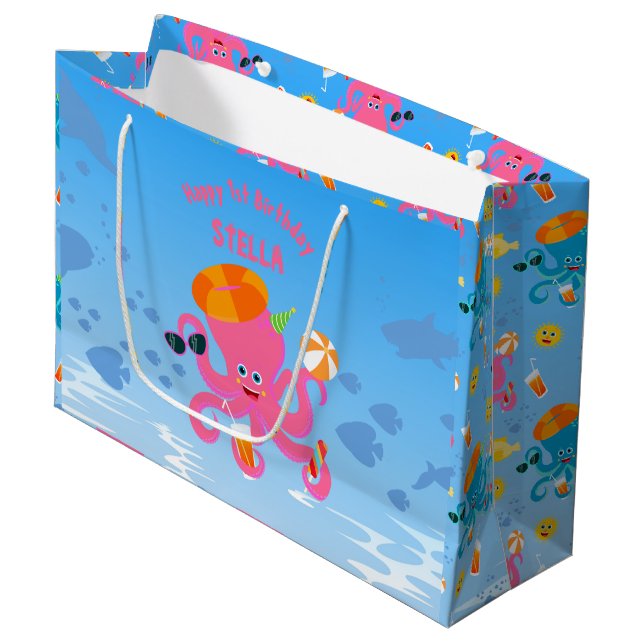 Grand Sac Cadeau Poctopus rose été petite fille fête d'anniversaire (Devant Angle)