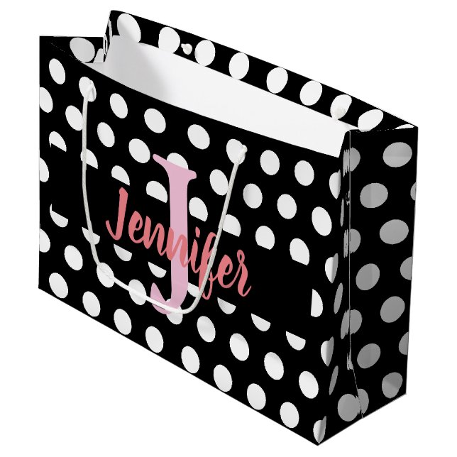 Grand Sac Cadeau Pointe Polka Noir et Blanc Moyen Nom personnalisé (Devant Angle)