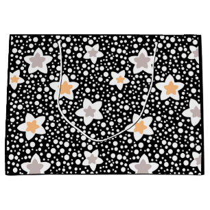 Grand Sac Cadeau Pois noir et blanc rétro avec étoiles