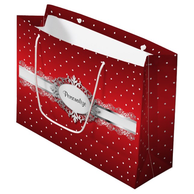Grand Sac Cadeau Pois rouges et blancs brillants (Devant Angle)