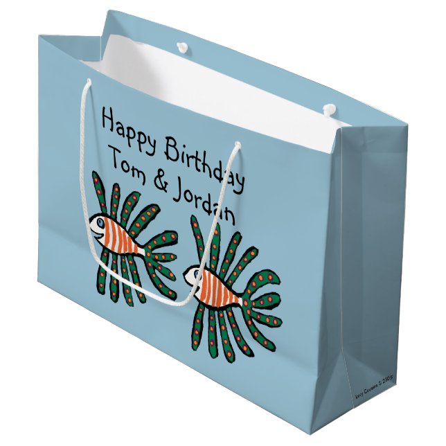 Grand Sac Cadeau Poissons jumeaux verts et oranges d'aileron (Devant Angle)