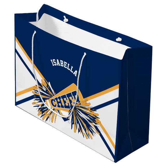 Grand Sac Cadeau Pom-pom girl 📣 - Bleu marine, Or, Blanc (Devant Angle)