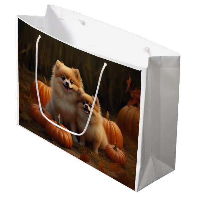 Grand Sac Cadeau Poméranien Chiot Automne Citrouille délice (Devant Angle)