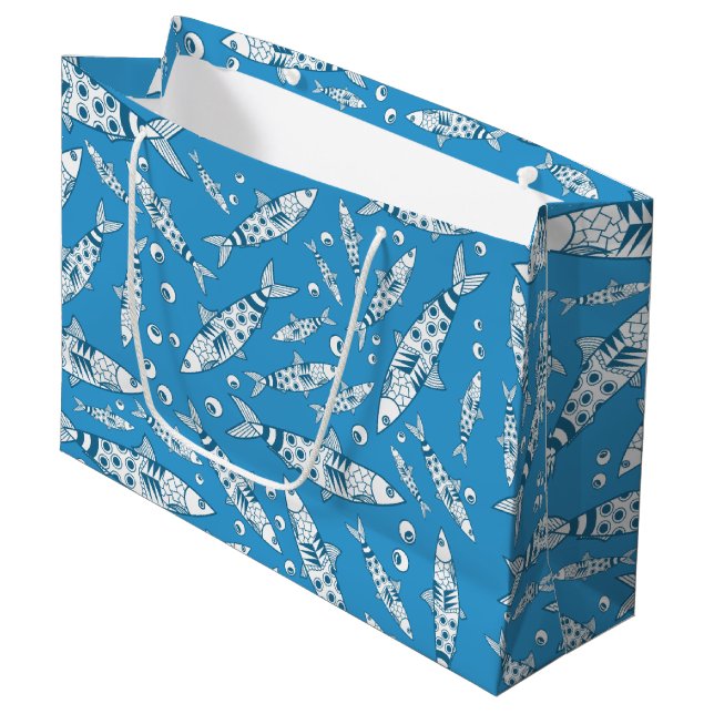 Grand Sac Cadeau Portugais Lisbonne Sardines Motif Azulejos Bleu (Devant Angle)