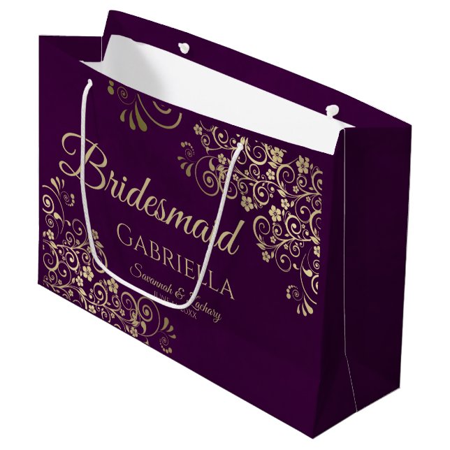 Grand Sac Cadeau Poule de prune et dentelle d'or Élégante domestiqu (Devant Angle)