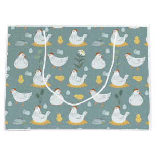 Grand Sac Cadeau Poules rêvant dans le poulailler en bleu sarcelle