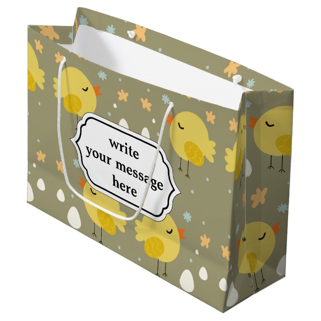 Grand Sac Cadeau Poussins mignons de Pâques et petit motif d'oeufs (Devant Angle)